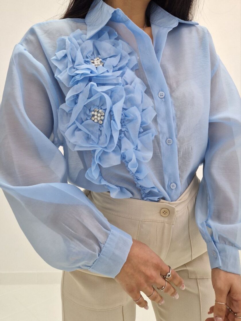 Camicia Flowers Con Applicazioni in Strass e Perle