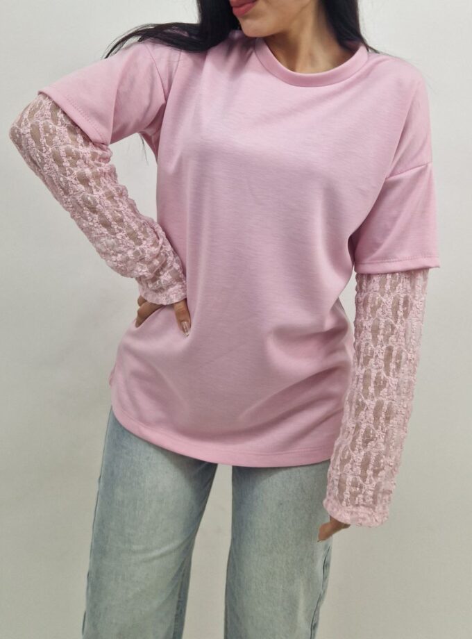 T-shirt Manica In Pizzo - Rosa