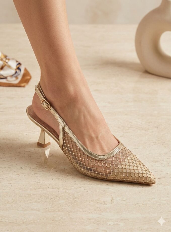 Sandalo Slingback A Rete Con Brillantini - Oro
