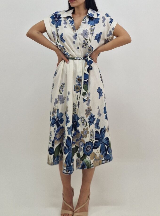 Abito Flowers Con Bottoni - Blu