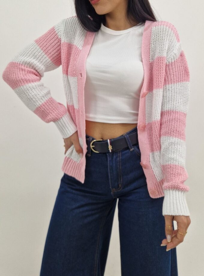Cardigan In Filo Bicolore - Rosa