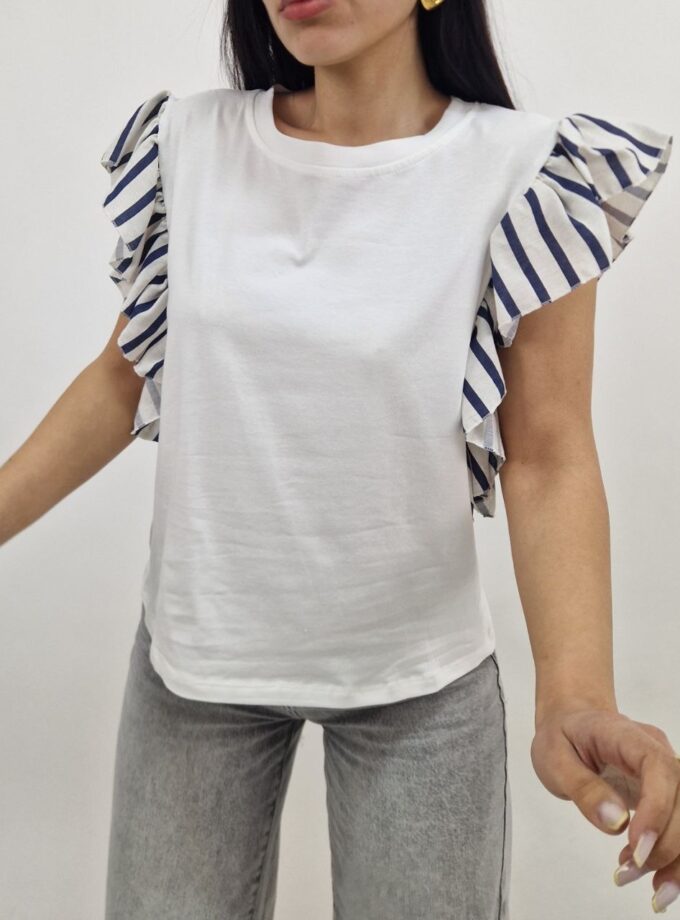 T-shirt Rouches Rigate - Blu