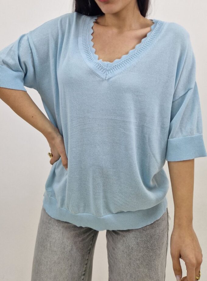 Maglia In Fillo Scollo A V. - Azzurra
