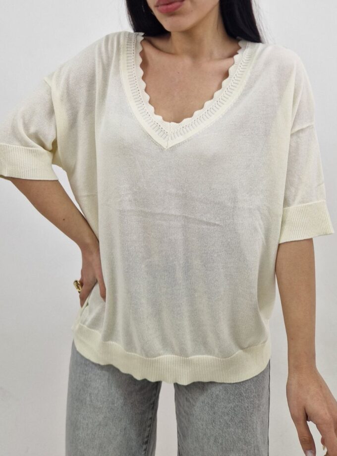 Maglia In Fillo Scollo A V. - Panna