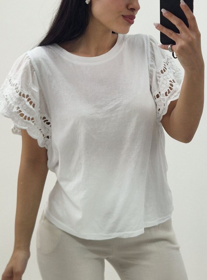 T-shirt Con Manica In Pizzo San Gallo - Bianca