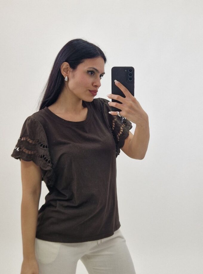 T-shirt Con Manica In Pizzo San Gallo - Marrone