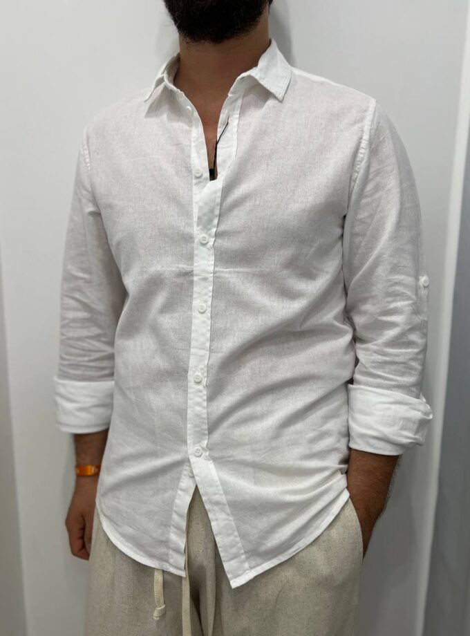 Camicia Basic Uomo In Misto Lino - Bianca