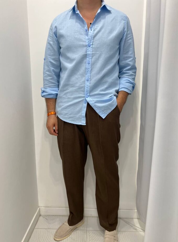Pantalone Classico In Lino - Marrone
