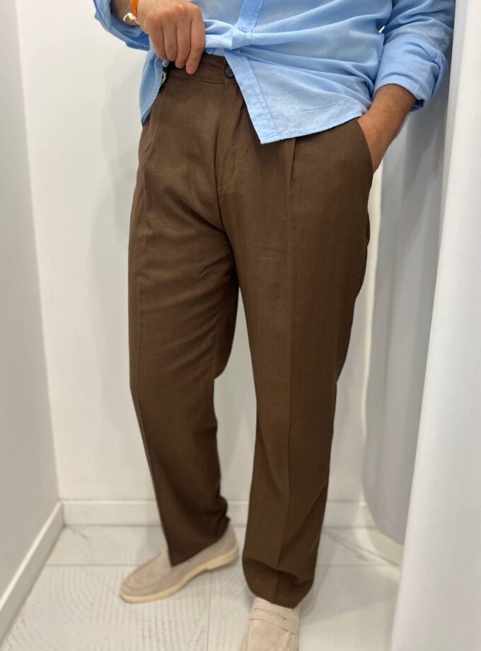 Pantalone Classico In Lino - Marrone