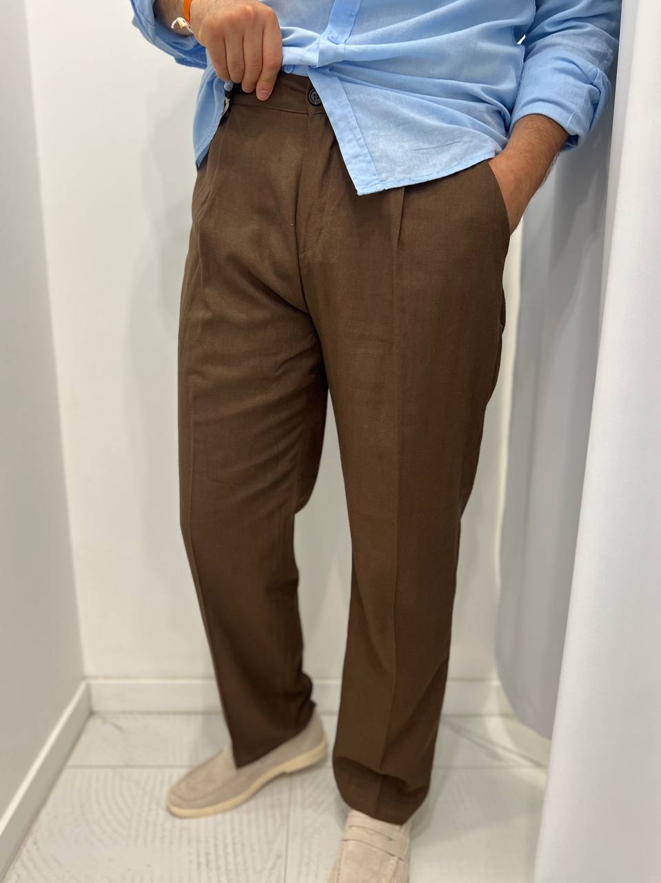 Pantalone Classico In Lino - Marrone - immagine 2