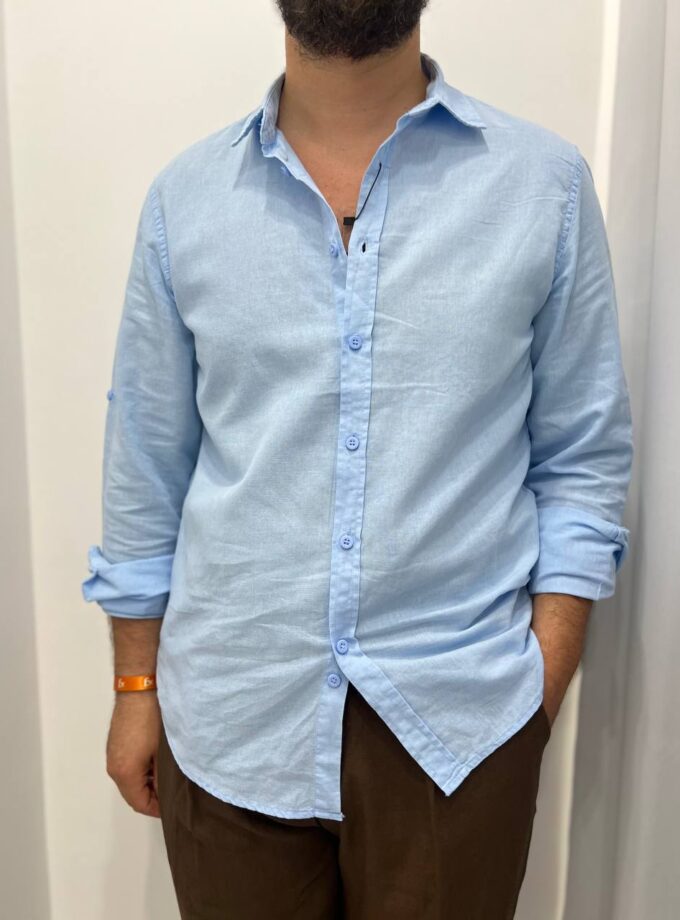 Camicia Basic Uomo In Misto Lino - Azzurro
