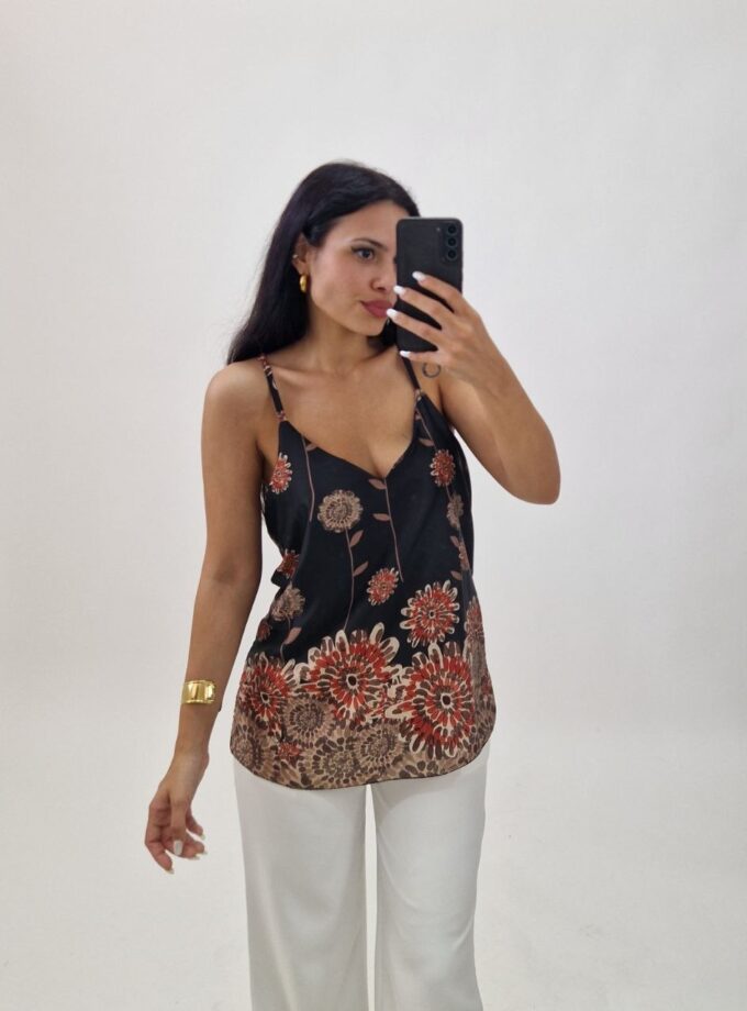 Top In Raso Floreale - Nero