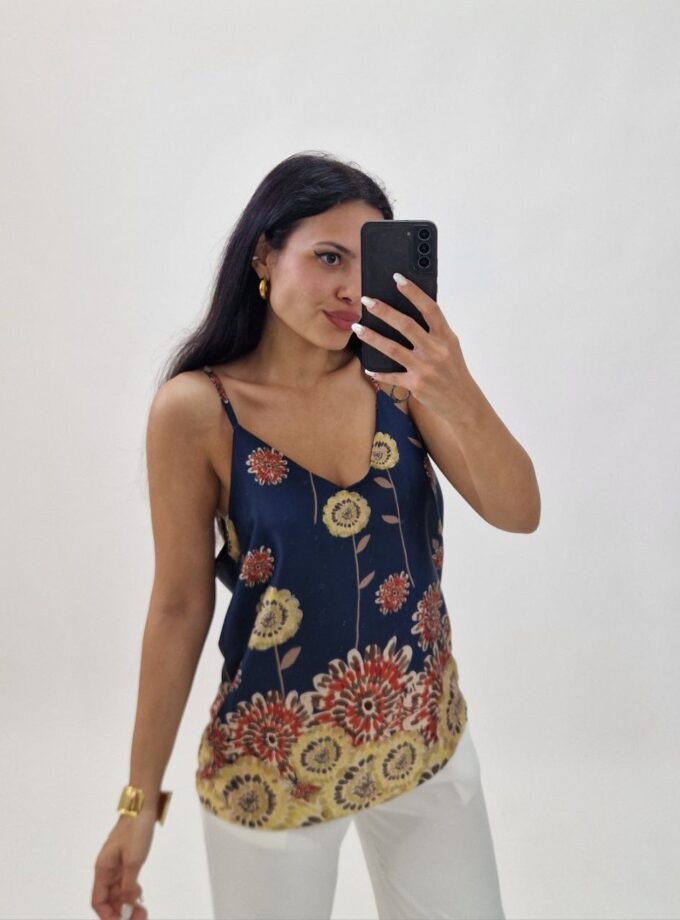 Top In Raso Floreale - Blu