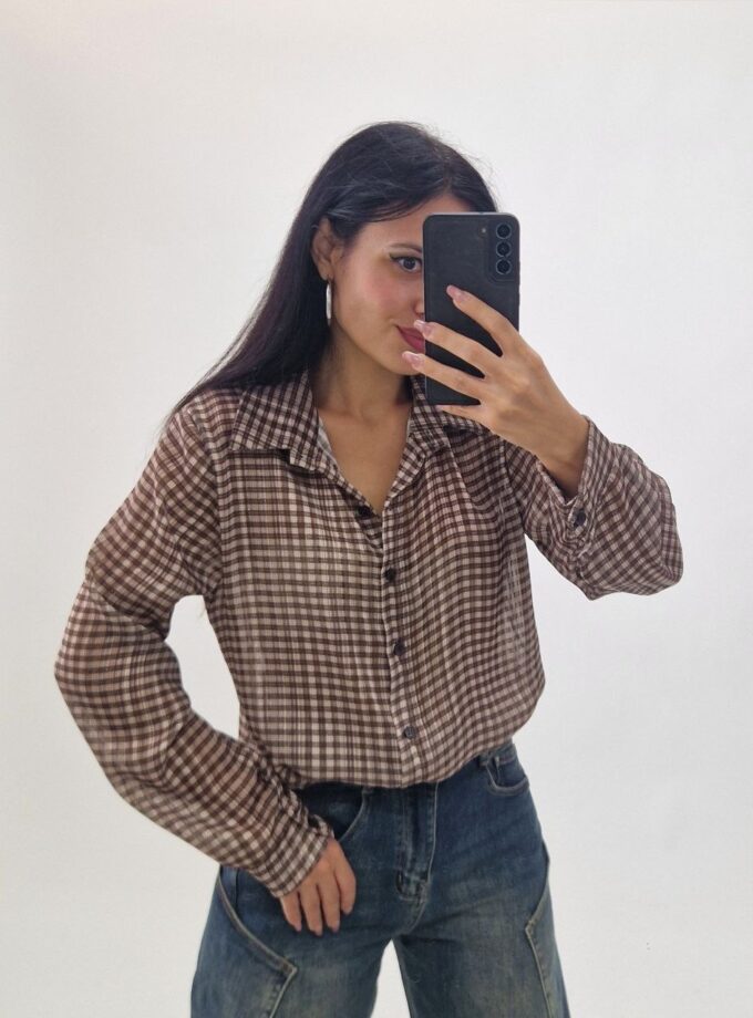 Camicia Casual A Quadri Con Lurex - Beige