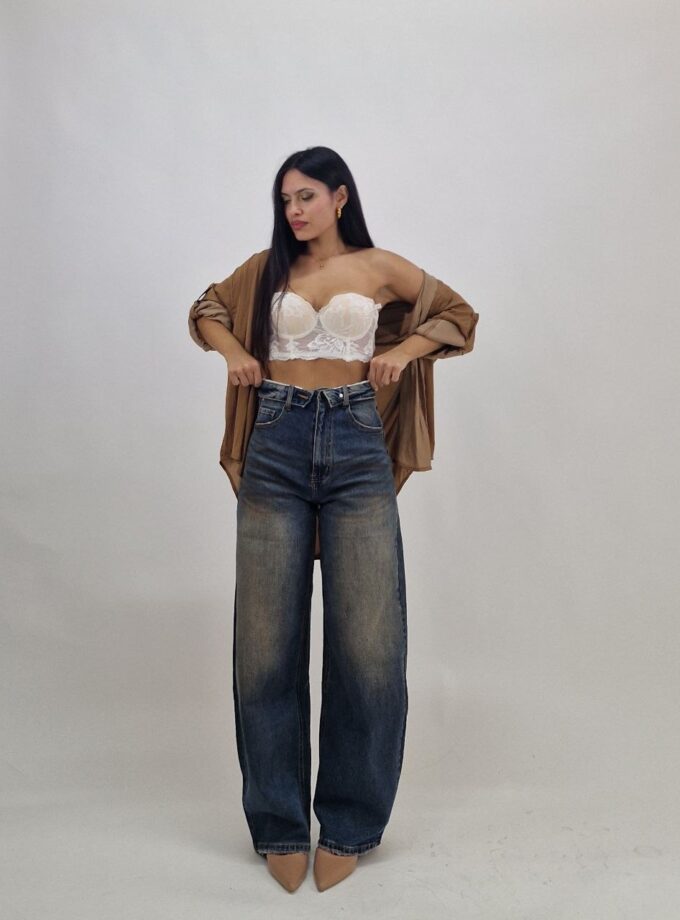 Jeans Barrel Con Risvolto In Vita