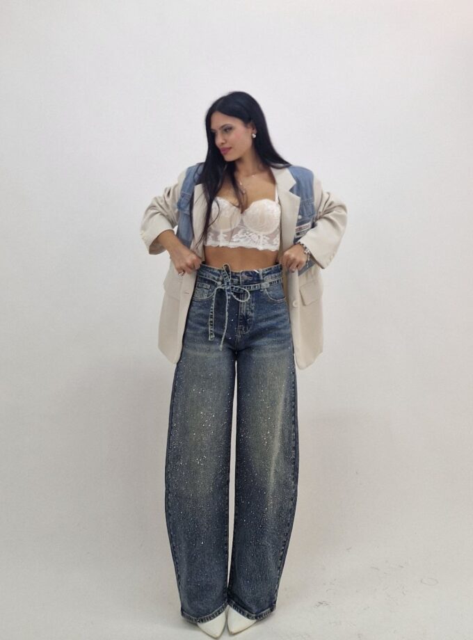 Jeans Balloon Con Strass E Cintura