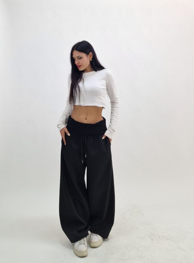 Pantalone Sportivo Con Risvolto In Vita - Nero