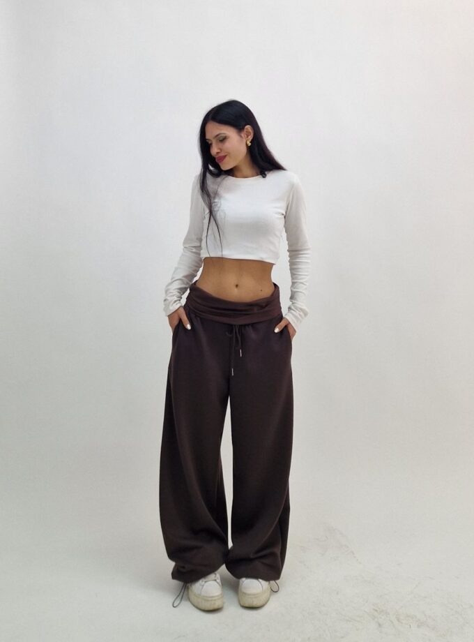 Pantalone Sportivo Con Risvolto In Vita - Marrone