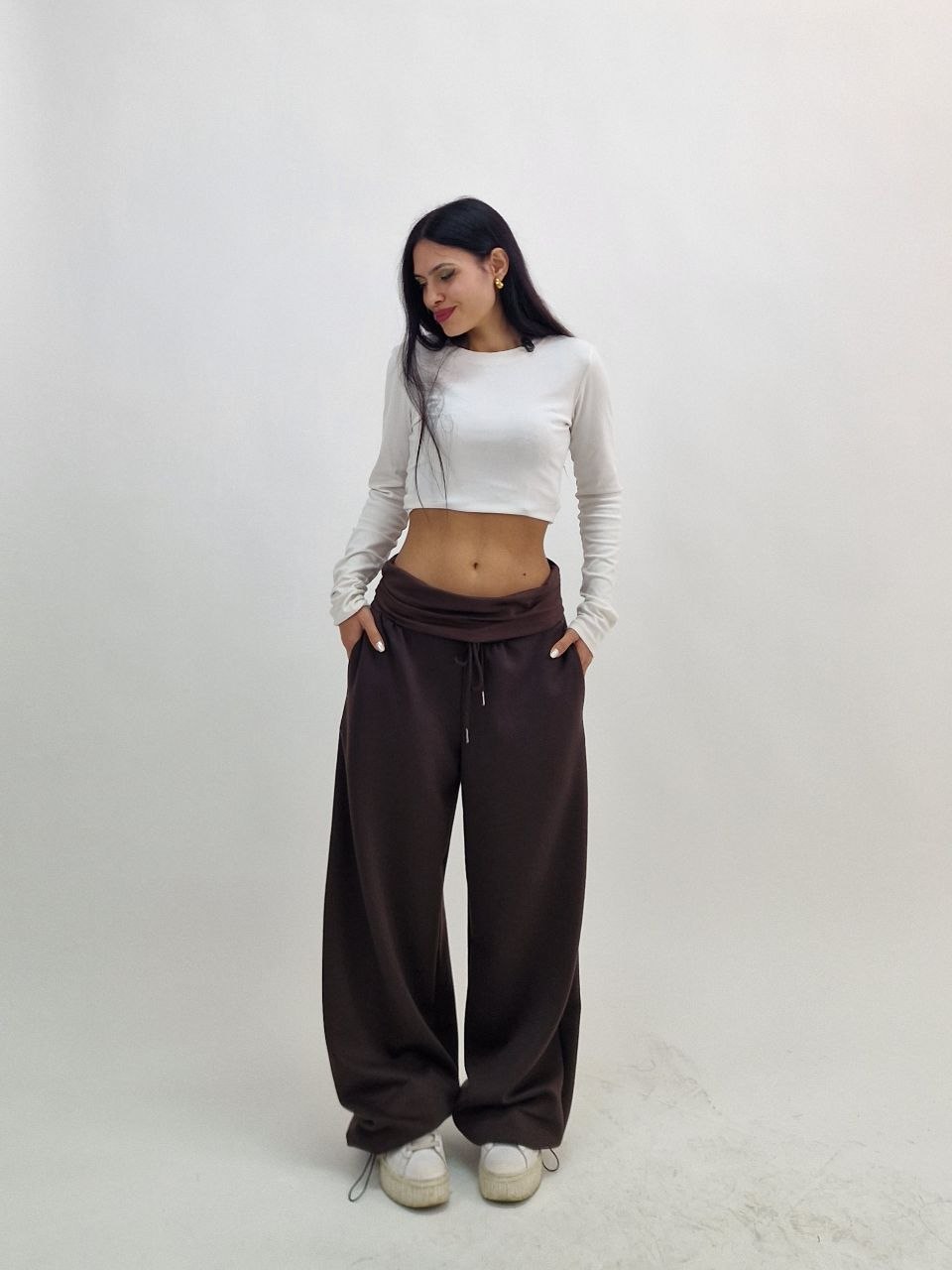 Pantalone Sportivo Con Risvolto In Vita - Marrone